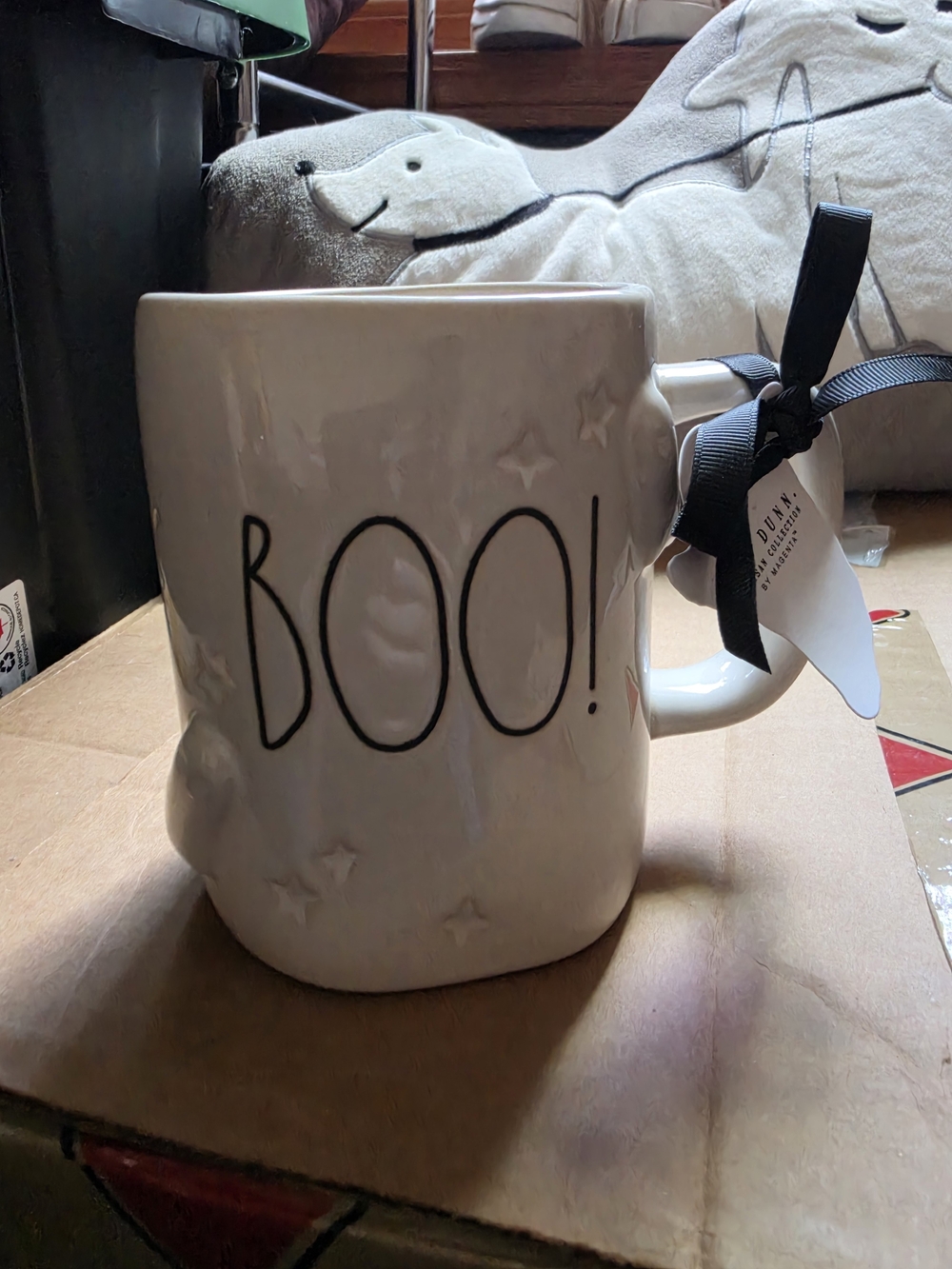 Rae Dunn White  "BOO!" Mug with Embossed Stars And Ghost.